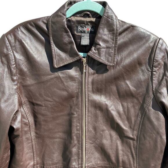 Style&Co Chocolate Brown Zip-up Leather Jacket Collared Hip Length Pockets Sz L - Picture 3 of 16